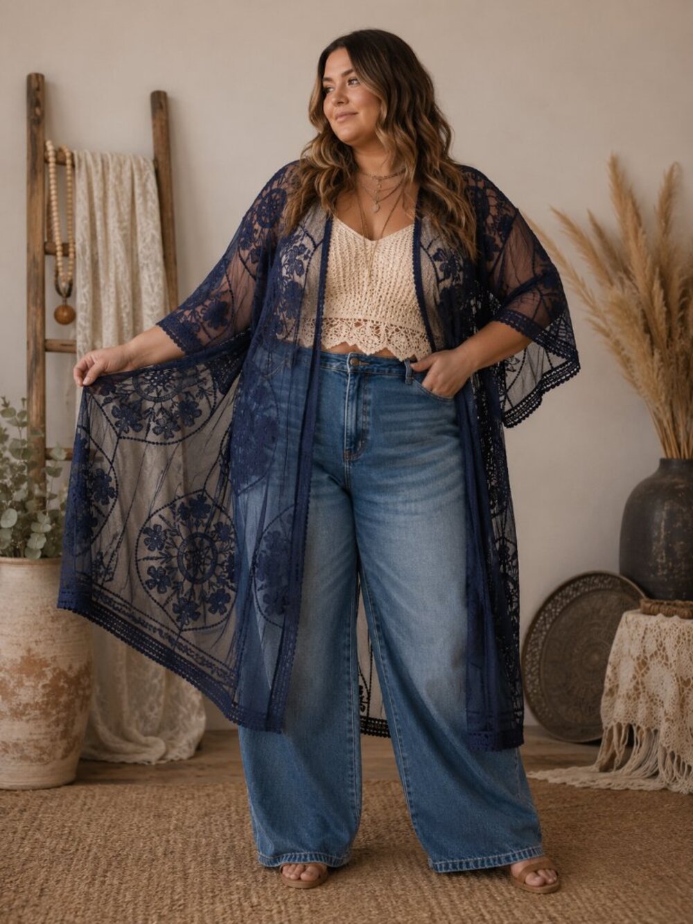 Navy Blue Embroidered Lace Kimono | Sheer Boho Duster